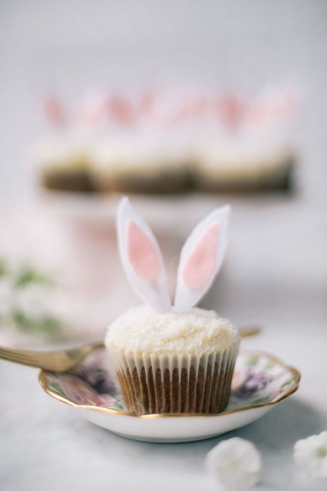 Carrot Cake Cupcakes with DIY Bunny Ear Cake Toppers - Desserts, Holiday Diy Bunny Ears, Easter Aesthetic, Desserts Holiday, Fluffy Cream Cheese Frosting, Diy Bunny, Bunny Cupcakes, Carrot Cake Cupcakes, Easter Specials, Diy Cupcakes