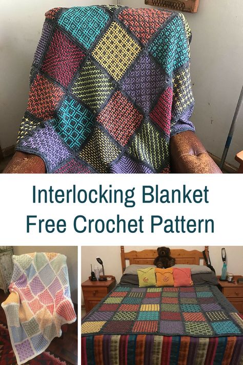 Simple Interlocking Crochet Blanket Pattern With Two Unique Sides - Knit And Crochet Daily Mosaic Crochet Squares, Interlocking Crochet Stitches, Interlock Crochet Patterns, Interlock Crochet, Interlocking Crochet Tutorials, Interlocking Crochet Patterns Free, Interlocking Crochet, 3d Illusion Crochet Blanket Pattern Free, Crochet Interlocking Pattern