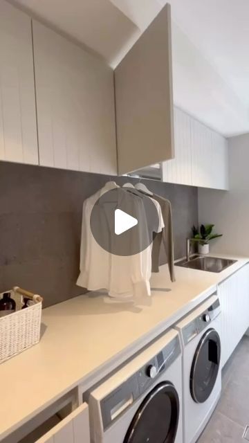 Cupboard Above Washing Machine, Washing Machine Under Cabinet, Utility Room Washing Machine Up High, Laundry Elevated Washing Machine, Laundry Room Hanging Ideas, Pull Out Shelf Under Washing Machine, Hamper Baskets, Hanging Laundry, Room Work