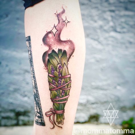 Burning sage tattoo by Momma Tomma Incense Tattoo Design, Sage And Crystal Tattoo, Sage Tattoo Design, Sage Tattoo Ideas, Burning Sage Tattoo, Smudge Stick Tattoo, Sage Tattoos, Sage Bundle Tattoo, Incense Tattoo