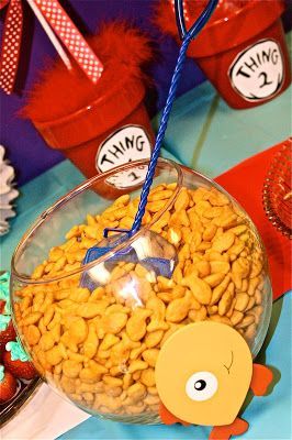 Fishbowl & net for serving Goldfish crackers Bolling With 5: The Cat In The Hat's Party Food Concert Weekend, Cat In The Hat Birthday, Choir Concert, Cat In The Hat Party, Dr Seuss Party, Smartest Dog Breeds, Dr Seuss Birthday Party, Fishing Birthday Party, Goldfish Crackers