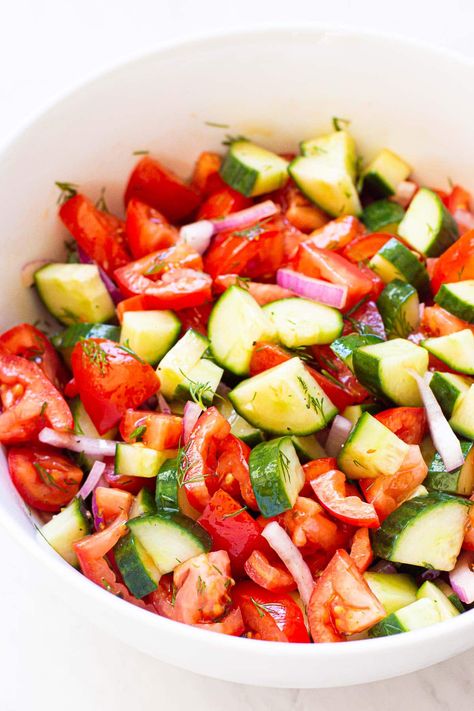 Cucumber and Tomato Salad is a classic fresh and light salad that goes with everything! This easy salad with juicy tomatoes, crunchy cucumbers, slivers of red onion and fresh dill will become your go-to year-round. Cucumber And Tomato Salad, Healthy Mashed Potatoes, Cucumber And Tomato, Cucumber Onion, Instant Pot Yogurt, Pepper Salad, Cucumber Salad Recipe, Tomato Salad Recipes, Simple Dressing