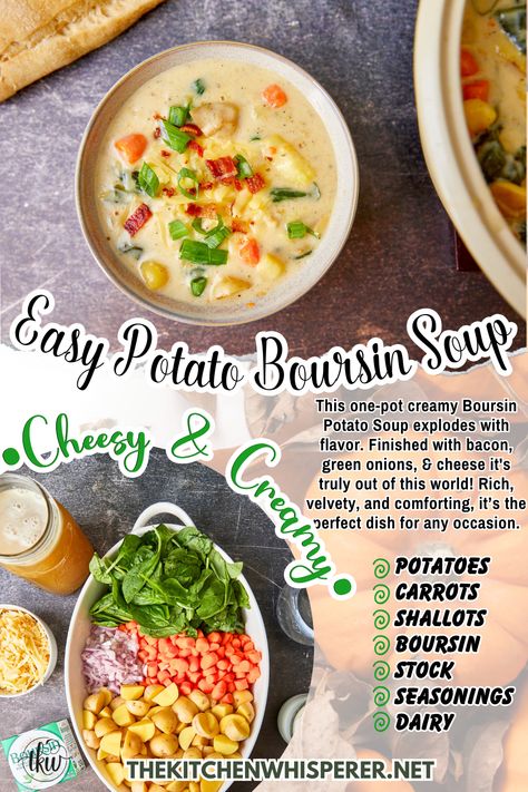 This one-pot creamy Boursin Potato Soup explodes with flavor. Finished with bacon, green onions, & cheese it's truly out of this world! Rich, velvety, and comforting, it’s the perfect dish for any occasion. Hoagie Roll Recipe, Simple Soup Recipes, Dill Pickle Soup, Pickle Soup, Cheesy Potato Soup, Simple Soup, Summer Soup, Boursin Cheese, Food Substitutions