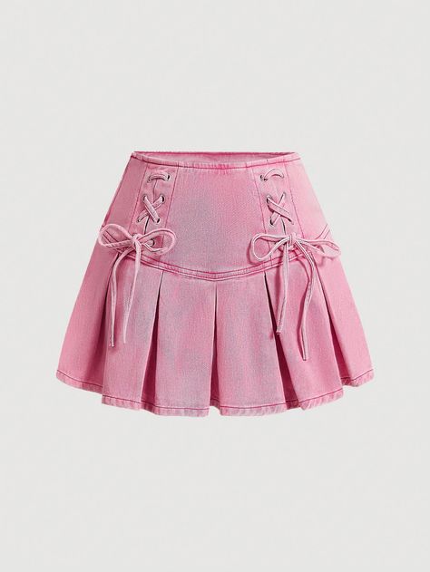 Pink Casual Collar  Denim Plain Pleated Embellished Non-Stretch  Women Clothing Denim Skirt With Belt, Pink Denim Skirt, Tall Women Fashion, Jeans Rosa, Boys Plaid Shirt, Bow Aesthetic, Pink Denim Jacket, Skirt With Belt