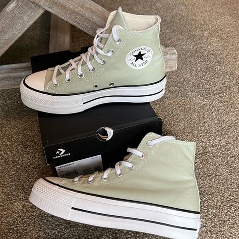 Brand New Never Worn. High Top, Platform. Sage Green. With Box . Green Quinceanera Shoes, Sage Green Vans, Sage Green Shoes, Green Platform Converse, Sage Green Converse, Green Converse High Tops, High Tops Outfit, Quinceanera Shoes, Xv Ideas