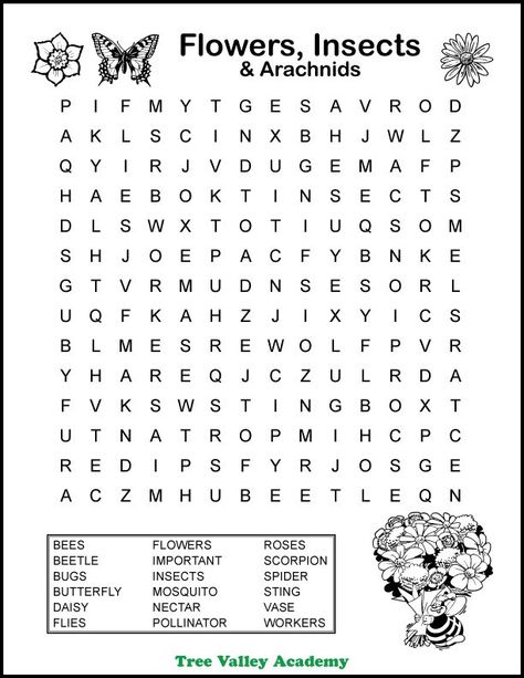 Free printable flowers, insects & arachnids themed word search puzzle for kids around a 4th grade spelling level. 18 hidden words for kids to circle and find. Pdf includes answer sheet.  #wordsearch #grade4 Grade 4 Activities Free Printable, 3rd Grade Word Search, Find A Word, Word Search Free Printable, Kids Puzzles, Find Words In Picture, Kids Puzzles Printable, 4th Grade Worksheets Free Printables, Word Puzzle