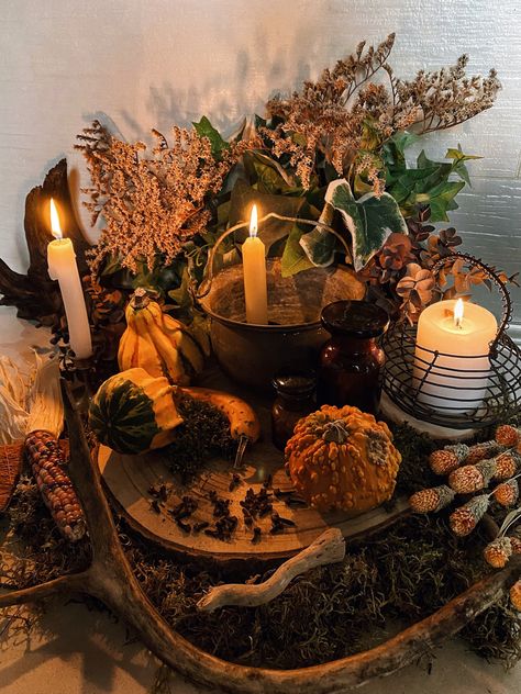 Halloween pumpkin witch altar Samhain Decorations, Samhain Altar, The Cask Of Amontillado, Ideas For Autumn, Witch Altar, Pagan Festivals, Autumn Witch, Autumnal Equinox, Witch Vibes