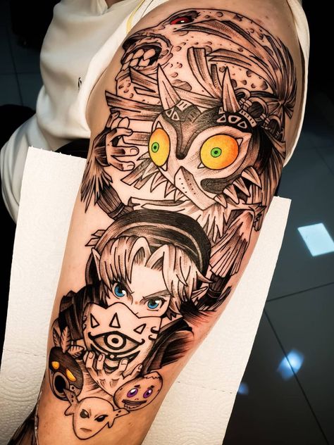 Majora's Mask Tattoo, Anime Awards, Nintendo Tattoo, Demon Slayer Inosuke, Legend Of Zelda Majora's Mask, Zelda Tattoo, Gamer Tattoos, Mystical Tattoos, Sick Tattoo