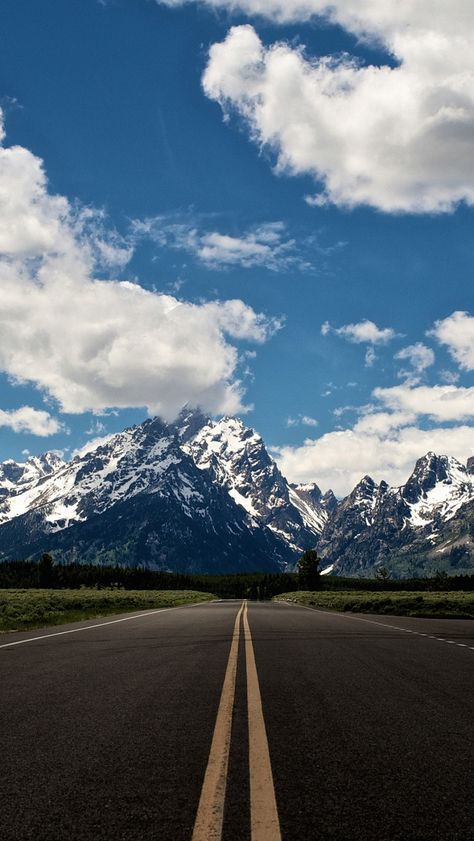 Download free HD wallpaper from above link! #blue #sky #clouds #mountsain #road #view Blue Sky Clouds, Sky Mountain, Beautiful Roads, Snowy Mountains, On The Road Again, Sky And Clouds, Road Trip Usa, Nature Wallpaper, The Sky