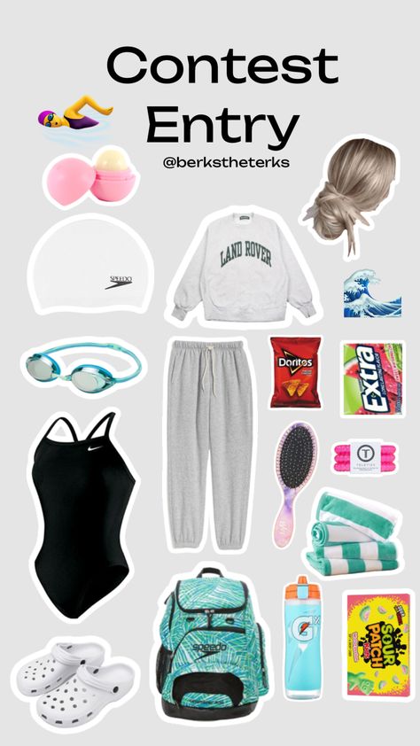 Contest entry @berkstheterks #sports #challenge #challengebyberk #contest Swimming Gear Accessories, Swimmer Outfits Style, Swim Meet Bag Essentials, What To Bring To A Swim Meet, Swim Practice Outfit, After Swimming Outfits, Swim Bag Essentials Competitive, Swimming Aesthetic Outfit, Swim Practice Aesthetic