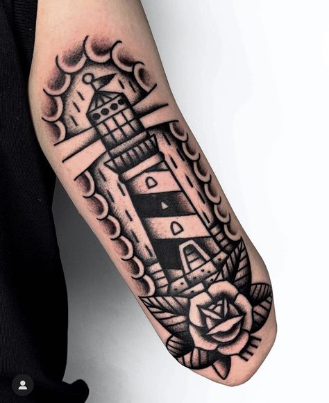 Travel Traditional Tattoo, Bottle Tattoo Old School, Trad Lighthouse Tattoo, Lighthouse Flash Tattoo, Old School Tattoo Lighthouse, Lighthouse Traditional Tattoo, Lighthouse Tattoo Traditional, Man Leg Tattoo, Traditional Forearm Tattoo