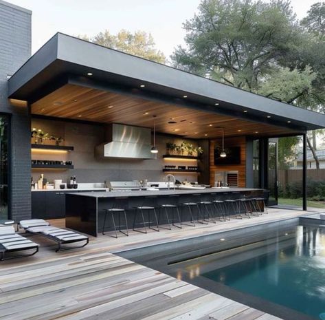 Modern Outdoor Kitchen, Outdoor Kitchen Plans, Outdoor Bbq Kitchen, Outdoor Patio Designs, Exterior Bloxburg, Exterior Modern, Homes Modern, Backyard Pavilion, Outdoor Living Design