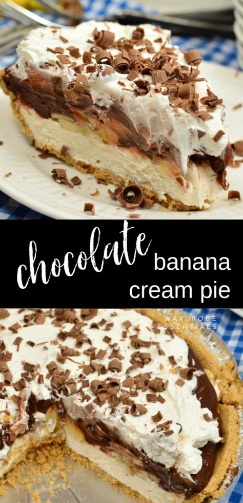 Chocolate Banana Coconut Cream Pie, Banana Cream Pie With Chocolate, Banana Chocolate Dessert Recipes, Chocolate Banana Pie Recipe, Chocolate Banana Cream Cake, Chocolate Banana Pudding Pie, Chocolate Banana Pudding Cake, Chocolate Banana Pudding Recipe, No Bake Banana Cream Pie 12 Tomatoes