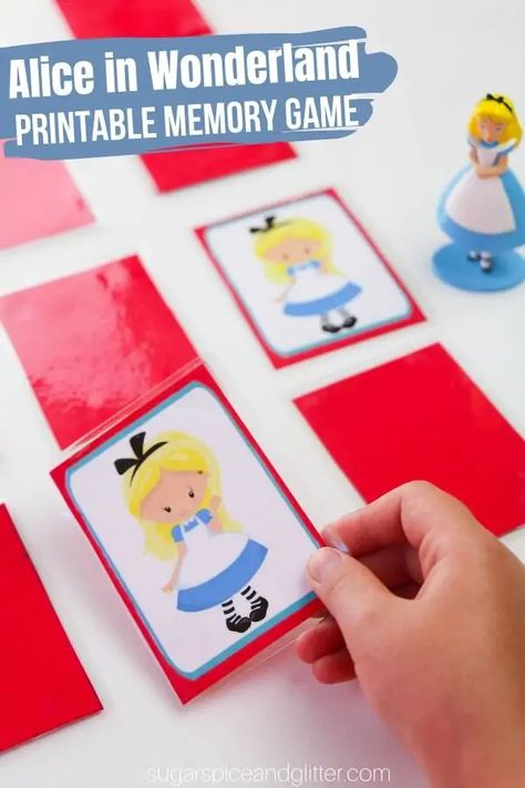 Free Printable Alice in Wonderland Memory Game - perfect for a family movie night or fun quiet time activity for kids. Helps build memory and logic skills Alice In Wonderland Birthday Activities, Alice In Wonderland Activities Preschool, Alice In Wonderland Eyfs Activities, Alice In Wonderland Party Games Kids, Alice In Wonderland Games Activities, Alice In Wonderland Activities For Kids, Alice In Wonderland Crafts For Kids, Alice In Wonderland Movie Night, Alice In Wonderland Activities