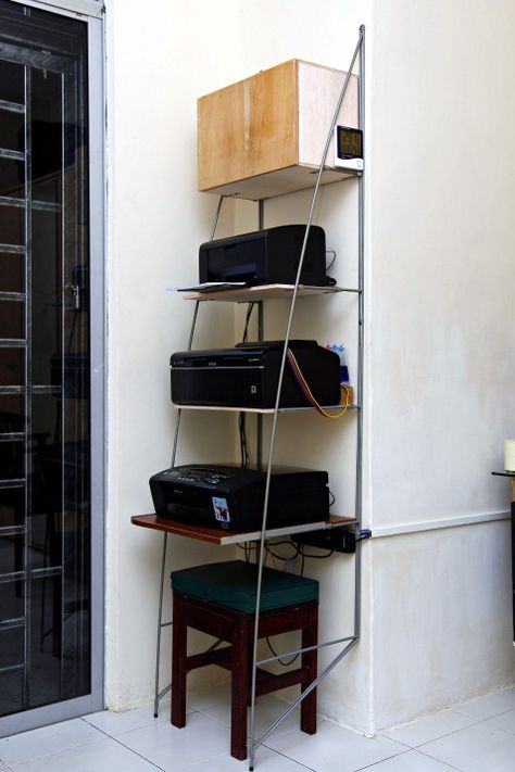 Printer shelf Printer Shelf, Corner Wall Shelves, Craft Room Design, Cubicle Decor, Corner Wall, Coworking Space, Cubicle, Making Room, Wood Shelves