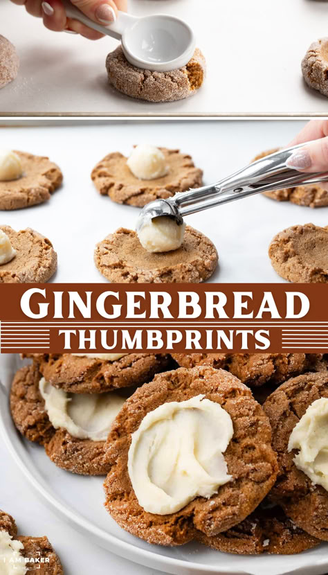 Gingerbread Thumbprint Cookies combine the warm and spicy flavors of a soft gingerbread cookie with a cream cheese filling. It could be the perfect holiday cookie, especially since my gingerbread crinkle cookie is already perfect on its own! Gingerbread Cookie With Cream Cheese Frosting, Gingerbread Thumbprint Cookies, Spice Sugar Cookies, Gingerbread Cookie Dough, Soft Gingerbread, Homemade Carrot Cake, Soft Gingerbread Cookies, Christmas Recipes Easy, Cream Cheese Cookies