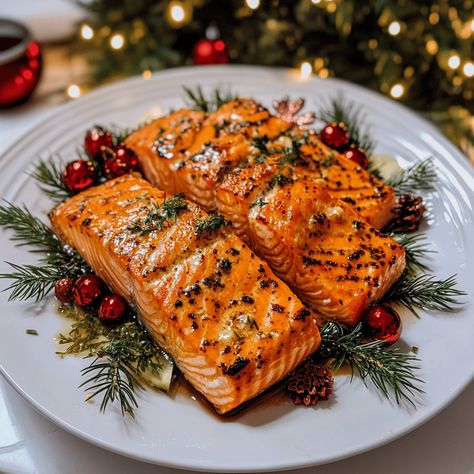 "Try Christmas Salmon, a festive dish featuring succulent salmon fillets seasoned with herbs and spices, perfect for holiday celebrations!" Salmon Recipes Christmas, Christmas Dinner Salmon, Cold Salmon Recipes, Winter Salmon Recipes, Christmas Salmon Recipe, Christmas Dinner Sides Ideas, Ponzu Salmon, New Years Eve Menu Ideas, Winter Salmon