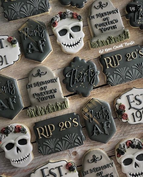 30th Birthday Spooky Theme, Goodbye To 20s 30th Birthday, Rip To Your 30s Party, Halloween 40th Birthday Cakes, Halloween Theme 30th Birthday, Rip 30s Cookies, Black Out 30th Birthday, Scorpio 30th Birthday, Scary 30th Birthday Party