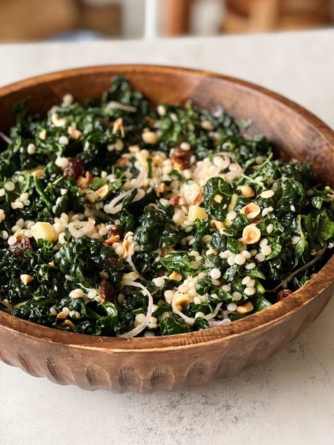 Kale Couscous Salad with Dates and Hazelnuts - Something Nutritious Salad With Dates Recipe, Kale And Couscous Recipes, Kale And Couscous Salad, Kale Couscous Salad, Kale And Date Salad, Kale And Bulgur Salad, Kale Couscous, Veggie Couscous, Seasoned Chicken Thighs