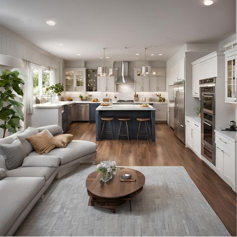 Modern and minimal living! This open space features clean lines and a neutral color palette for a sleek and stylish look. The pops of green from the plant and throw pillows add a touch of personality. Are you a fan of modern design? Why or why not? Share your thoughts in the comments! #modernliving #openconcept #interiordecor Open Modern Living Room, Kitchen Living Room Open Concept, Open Concept Kitchen Living Room Layout, Open Concept Kitchen Living Room, Minimal Living Room, Modern Townhouse, Neutral Color Palette, Minimal Living, Open Concept Living Room