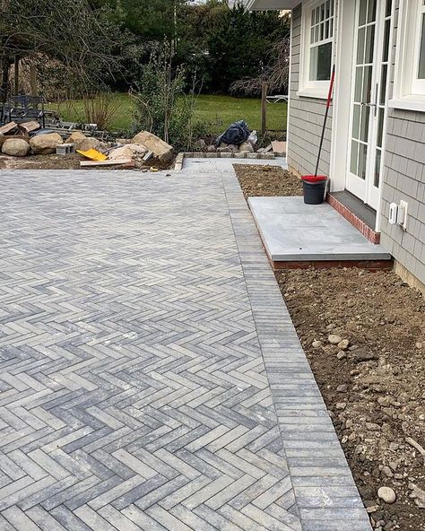 Chevron Pavers Patio, Herringbone Walkway, Herringbone Patio, Boho Exterior, Backyard Redesign, Pavers Patio, Hardscape Backyard, Cambridge Pavers, Driveway Ideas