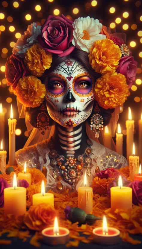 iPhone Wallpaper Sugar Skull Wallpaper, Halloween Makeup Sugar Skull, Skull Face Paint, Mexican Culture Art, Sugar Skull Tattoos, All Souls Day, Sugar Skull Makeup, Colorful Skulls, Sugar Skull Art