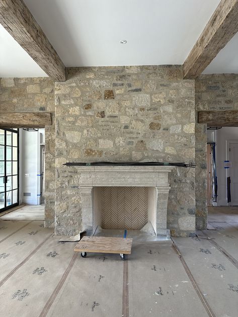 French Country Home in Ardrossan Farms | Period Architecture Ltd French Cottage Homes Exterior, French Country Outdoor Fireplace, Stone Interior Fireplace, French Country Inspired Home, Country Home Remodel, Patina Style French Country, Irish Cottage Aesthetic, Build Stone House, Rustic Farm Home