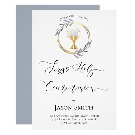 first communion dusty blue and faux gold invitation #first #communion #catholic #boy #dusty #invitation First Communion Invitations For Boys, Holy Communion Invitation Cards, Holy Communion Background, Communion Invitations Boy, Communion Invitations Girl, First Communion Cards, Boys First Communion, First Communion Invitations, Communion Invitations