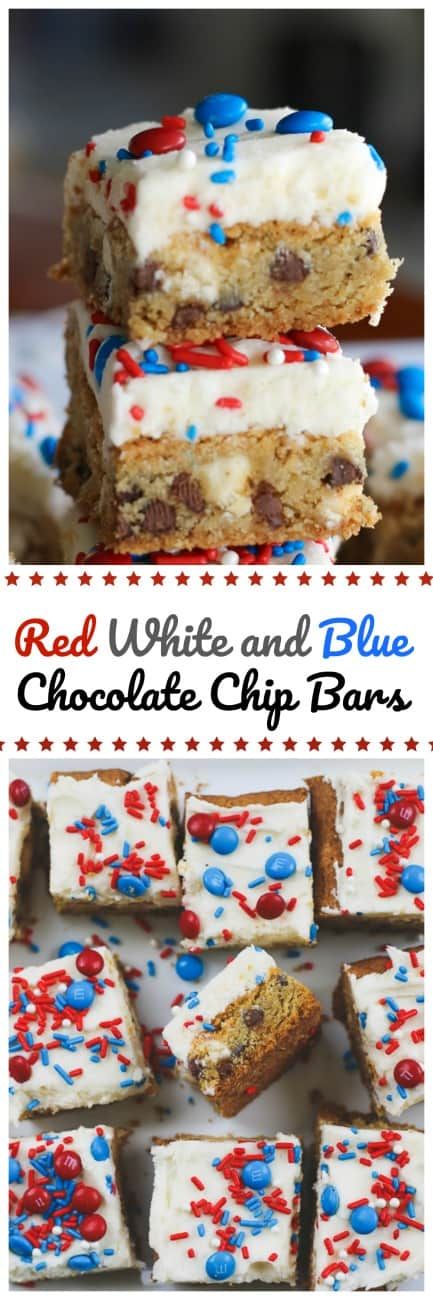 Homemade Cookie Bars, Patriotic Desserts, Chocolate Chip Bars, 4th Of July Desserts, Vanilla Milk, Chocolate Chip Cookie Bars, Fourth Of July Food, Blue Chocolate, Buttery Cookies