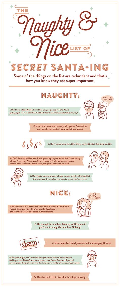 The Naughty and Nice List of Secret Santa-ing. Rules by Eric Forseth & ilustrations by Johna Reuvers Work Secret Santa Rules, How To Organize Secret Santa At Work, Secret Santa Invite, Secret Santa Rules For Work, Secret Santa Rules, Secret Santa Invitation, Santa Games, Pinterest Christmas Gifts, Work Secret Santa