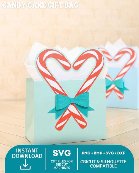 Get into the holiday spirit with this Candy Cane Gift Bag SVG cut file! This festive 3D paper craft features a charming candy cane and bow design on the front, making it perfect for wrapping small gifts, party favors, or treats for Christmas, baby showers, birthday parties, and other holiday gatherings. Whether you're crafting with a Cricut or Silhouette Cameo, this easy-to-use treat bag template helps you create stunning DIY gift bags for your holiday celebrations. Use it as a party favor box 3d Silhouette, Treats For Christmas, Diy Gift Bags, Christmas Wrapping Diy, Candy Cane Gifts, Diy Wrapping, Bag Template, Holiday Favors, Gift Bags Diy