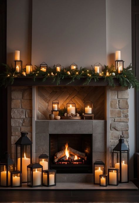 30 Lantern Decor Ideas to Illuminate Your Space Lanterns In Front Of Fireplace, Lanterns By Fireplace, Candles Inside Fireplace Ideas, Fireplace With Lanterns, Fireplace With Candles Inside, Lanterns On Fireplace, Indoor Lantern Decor Ideas, Indoor Lanterns Decor, Lantern Decor Ideas