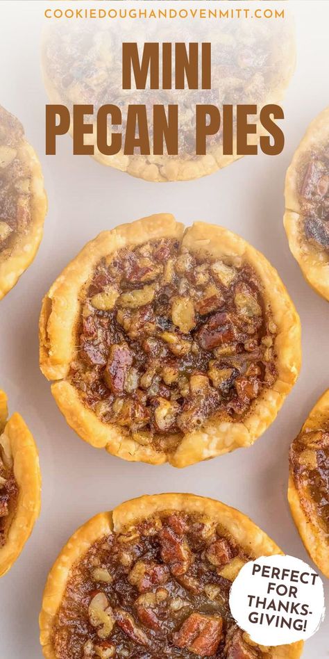 These easy-to-make mini pecan pies are the perfect bite-sized treat. These single-serve pecan pies have a buttery crust and a gooey pecan pie filling made from scratch. This is a great dessert for the Thanksgiving season. Mini Pecan Pie Recipes, Mini Pecan Pie, Gooey Pecan Pie, Maple Pumpkin Pie, Christmas Desserts Cakes, Mini Pie Crust, Favorite Christmas Desserts, Pecan Pie Cookies, Pecan Pies