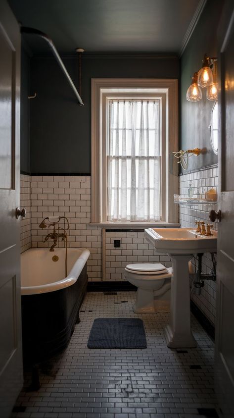 For retro lovers, these 18 stunning moody vintage bathrooms offer inspiration galore. From luxurious dark tones to elegant brass fittings, create a timeless space that radiates warmth and nostalgia. Colonial Revival Bathroom Remodel, Dark Trim Bathroom, 1910 Bathroom Design, 1890s Bathroom, 1930s Bathroom Ideas, Claw Foot Tub Bathroom, 1920 Bathroom, 1940s Bathroom, 1930s Bathroom