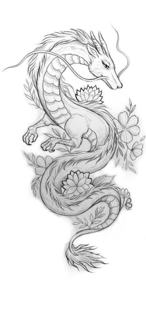 Dragon And Flower Drawing, Dragon Tattoo Outline Stencils, Long Dragon Drawing, Long Dragon Tattoo, Earth Dragon Tattoo, Tattoo Ideas Female Dragon, Female Dragon Tattoo, Leg Dragon Tattoo, Dragon Tattoo Calf