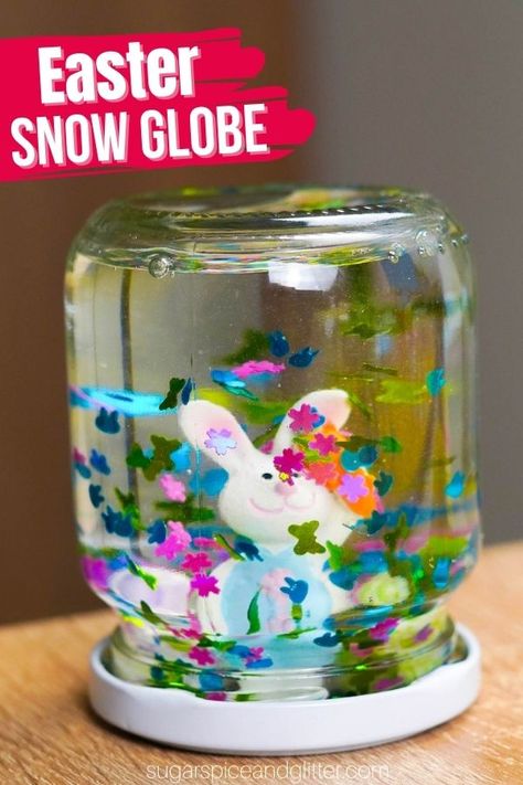 A super simple method for making Easter Snow Globes, a quick and easy Easter craft to make with kids using a recycled jar, a cute Easter figurine and some Spring-themed glitter. This Easter Snow Globe can also be a cute addition to a DIY Easter Basket. Easter Crafts Diy Homemade Fun Projects, Easter Snow Globe, Snow Globe Crafts For Toddlers, Homemade Snowglobes, Snow Globe Mason Jar, Process Art Ideas, Easter Crafts To Make, Homemade Snow Globes, Fall Crafts For Adults