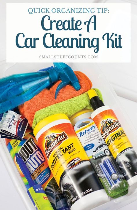 Love this quick organizing tip! My car would be so much cleaner if I had all of the car cleaning supplies organized into one handy kit. This has a good list of things to include in a car cleaning kit - all great ideas! Organized Car, Car Organizing, Diy Car Cleaning, Van Organization, Car Cleaning Supplies, Cleaning Hacks Tips And Tricks, Quick Organization, Car Items, Car Cleaning Kit