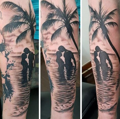 Man With Ocean Themed Tattoos Of Beaches On Forearm Beach Lover Tattoo, Lover Tattoo Ideas, Beach Drawings, Lover Tattoo, Tree Tattoo Men, Surf Tattoo, Sunset Tattoos, Maori Tattoos, Palm Tattoos