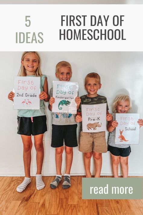 four kids standing lined up against a wall holding up their first day of school signs First Day Of Homeschool Ideas Photos, First Day Of Homeschool Interview Printable, First Day Of School Breakfast Printables, First Day Of Preschool Homeschool, 1st Day Of School Homeschool, Fun First Day Of Homeschool Ideas, Back To School Homeschool Pictures, Back To Homeschool Pictures, First Day Of Homeschool Interview