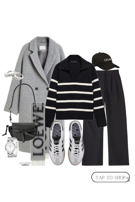 Winter outfit idea- Grey premium wool coat worn with a stripe v neck sweater, tailored pants worn with Adidas Spezial Trainers, Loewe bag & scarf with silver accessories- including Monica Vinader hoops in their Black Friday sale. Winter style, knitwear, winter wear Grey Coat Outfit Winter Casual, Light Gray Coat Outfit, Light Grey Outfit, Gray Coat Outfit, Light Grey Coat Outfit, Adidas Spezial Outfit, Grey Coat Outfit Winter, Wool Hat Outfit, Grey Coat Outfit