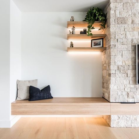 DESIGN DC on Instagram: “SLIDING into Wednesday with a bench seat and floating shelves 🙌🏻 📷 @mayphotography_au” Floating Bench Living Room, Floating Bench Seat Fireplace, Built In Floating Bench, Fireplace Bench Seating Built Ins, Bench Next To Fireplace, Floating Bench Seat, Beach Shack Living Room, Rancher Remodel, Fireplace Storage