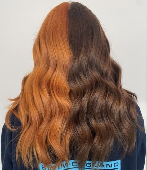 Split dye hairstyle with ginger and brunette hair colours Brown And Orange Hair Split, Half Brown Half Ginger Hair Split, Split Dye Hair Ideas Brown, Half Brown Half Orange Hair, Ginger And Brown Hair Split, Half Brown Half Copper Hair Split, Ginger And Black Split Dye, Copper And Brown Split Dye, 2023hair Trends