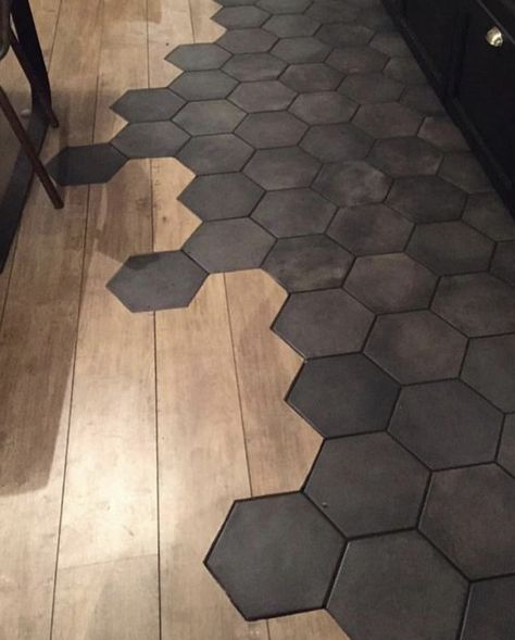 Hexagon Tile Fireplace, Octagon Tile Bathroom, Octagon Tile Floor, Black Hexagon Floor, Hexagon Flooring, Hexagon Tile Kitchen, Large Hexagon Tile, Tile To Wood Transition, Hexagon Tile Bathroom