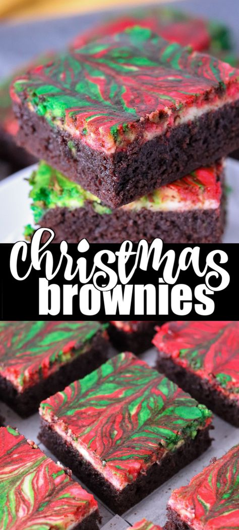 Christmas Brownies are a festive and delicious way to celebrate the season. A from-scratch brownie layer topped with a red & green swirled cream cheese layer come together to make a rich brownie that will make kids and adults happy. | www.persnicketyplates.com Christmas Brownies Decoration, Brownies Christmas, Christmas Brownie, Christmas Bars, Bars Dessert, New Year's Desserts, Christmas Brownies, Future Chef, Swirl Brownies