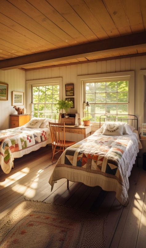 Tennessee Home Interior, Cozy Colorful Cottage Interiors, Cottage Minimalist Bedroom, Summer Cabin Bedroom, Split Shared Bedroom, Old Farmhouse Interior Bedroom, East Coast Cottage Interiors, Old New England Home Interiors, Elderly Bedroom Ideas