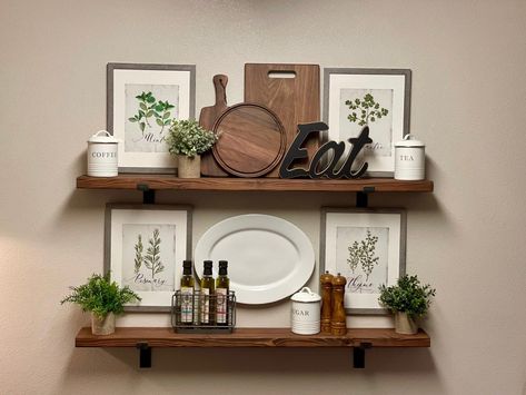 Farmhouse Shelves Decor, Kitchen Floating Shelves, Dining Room Shelves, Rustic Wall Shelves, Floating Shelf Decor, Kitchen Shelf Decor, Kitchen Wall Shelves, Floating Shelves Kitchen, Kitchen Decorations