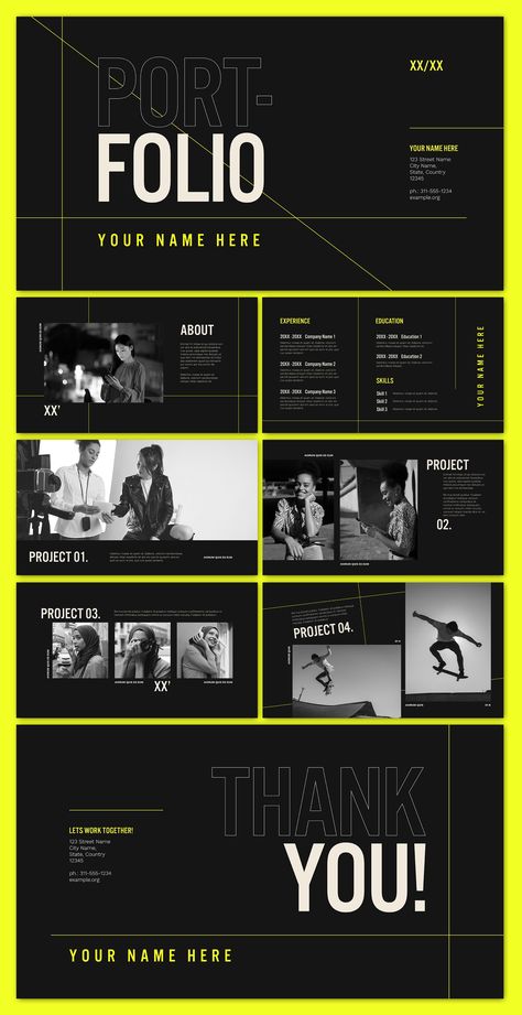 This modern portfolio features a bright color palette with yellow accents. The clean lines and geometric shapes create a stylish and inviting Portfolio Color Palette, Color Palette With Yellow, Ux Design Portfolio, Modern Portfolio, Bright Color Palette, Ppt Template Design, Brand Assets, Color Palette Bright, Business Templates