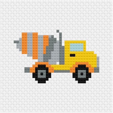 This concrete mixer truck is the patreon cross stitch pattern for this week. It fits the other two yellow construction vehicles I already have in my etsy shop. Concrete mixer truck cross stitch pdf pattern - Ringcat #patreon #crossstitchpattern #concretemixertruck Truck Cross Stitch, Duplicate Stitch, Concrete Mixer Truck, Modele Pixel Art, Tiny Cross Stitch, Construction Vehicle, Fair Isle Knitting Patterns, Small Cross Stitch, Mixer Truck