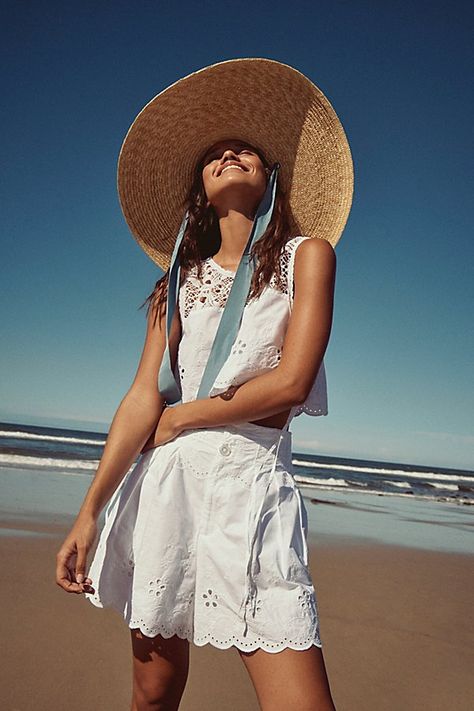 Stay shady on the sunniest days with this mega wide-brim straw hat. **Features:** Woven straw fabrication, dipped crown, extra wide brim, wide ribbon band, cascading tails **Why We | Salt Air Sun Hat by Free People in Blue Sun Hat Outfit, Sun Fashion, Wide Brim Straw Hat, Wide Brim Hats, Salt Air, Hat Hair, Pics Inspo, Big Hat, Straw Hats