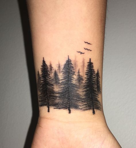 Cute detailed small Forrest tattoo on inner wrist #tattoos #tattoosforwomen #tattooideas #tattoodesigns #wristtattoo Trees Around Wrist Tattoo, Small Forrest Tattoo Design, Inner Wrist Tattoos Cover Up, Wrist Tree Tattoos For Women, Wrist Tattoos Men Cover Up, Cover Up Tattoos For Men Wrist, Tree Wrist Tattoos For Women, Forest Wrist Tattoo, Inner Wrist Cover Up Tattoos For Women